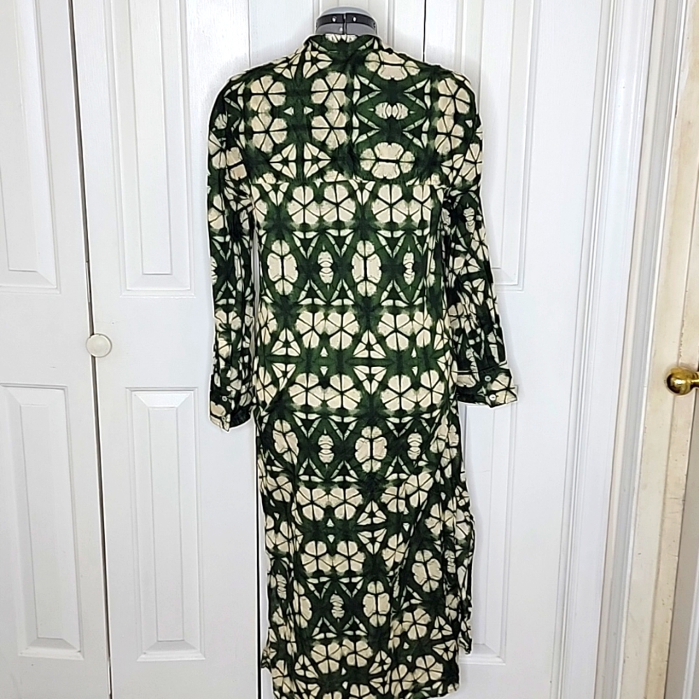 Zara Print Tunic Dress Button Front Size Medium Green and Cream - Picture 6 of 8